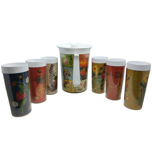 vintage 1970s west bend thermoserv plastic pitcher and 6 drinking cups ((list on - Picture 4 of 7